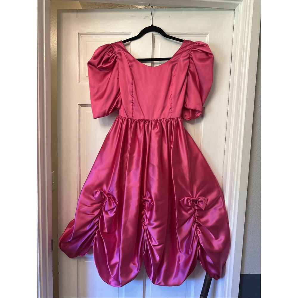 Vintage 1980s Fuchsia Pink Satin Dress Puff Sleeve Ruched Bow Sz 4 Princess